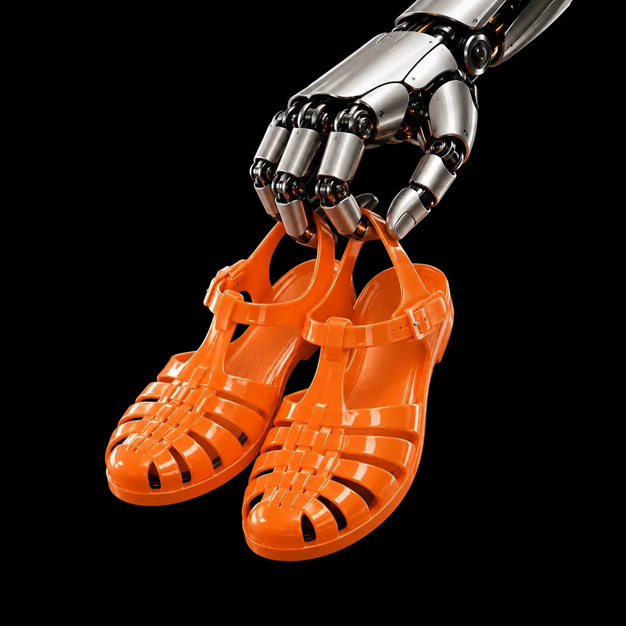 Une main robotique tient une paire de sandales orange.