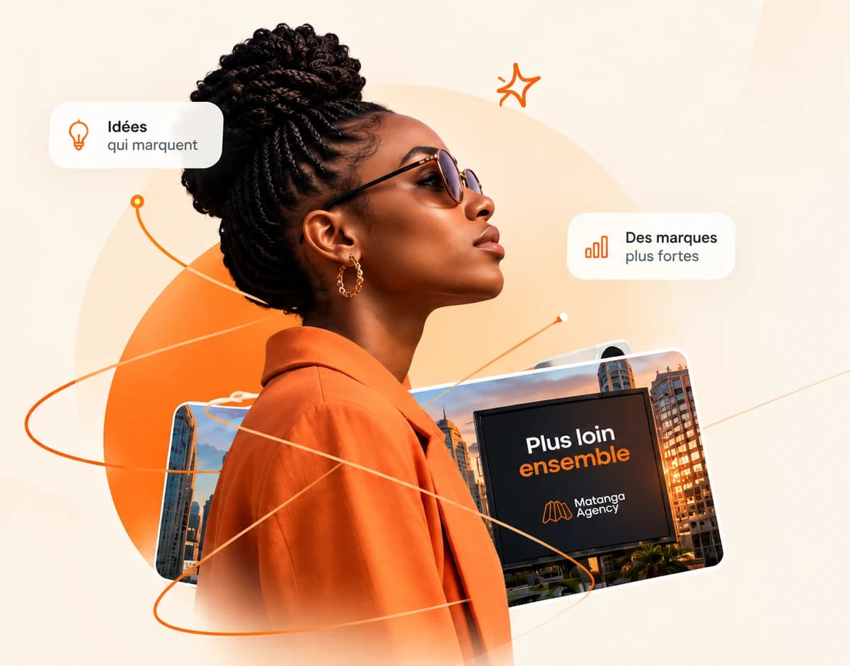 Une femme de profil en veste orange devant un panneau Matanga « Plus loin ensemble »