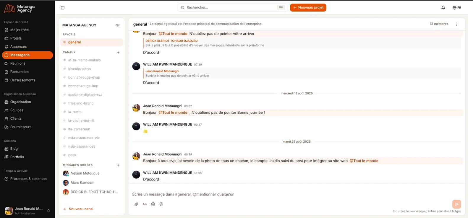 Le canal général de la messagerie interne de l'agence