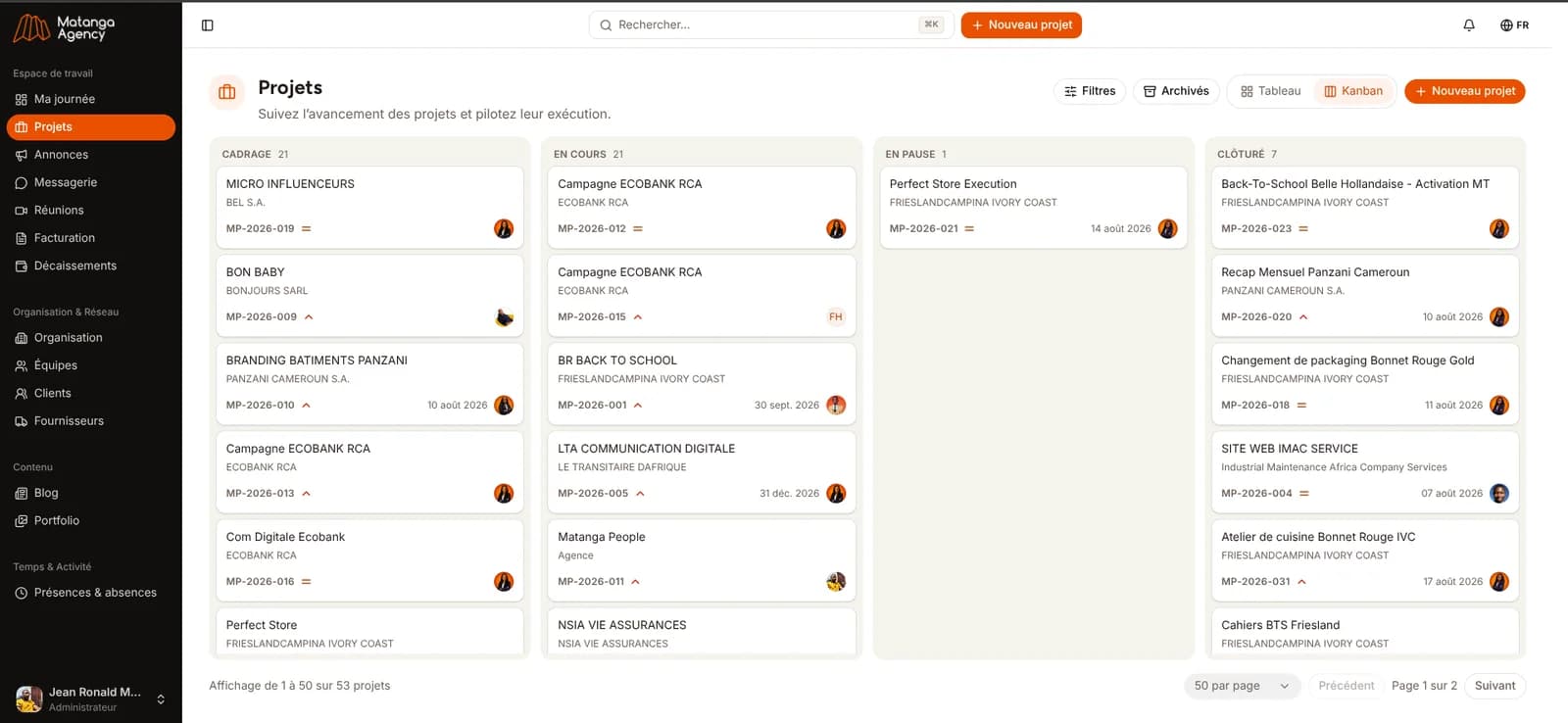 La liste des projets de l'agence, du cadrage à la clôture